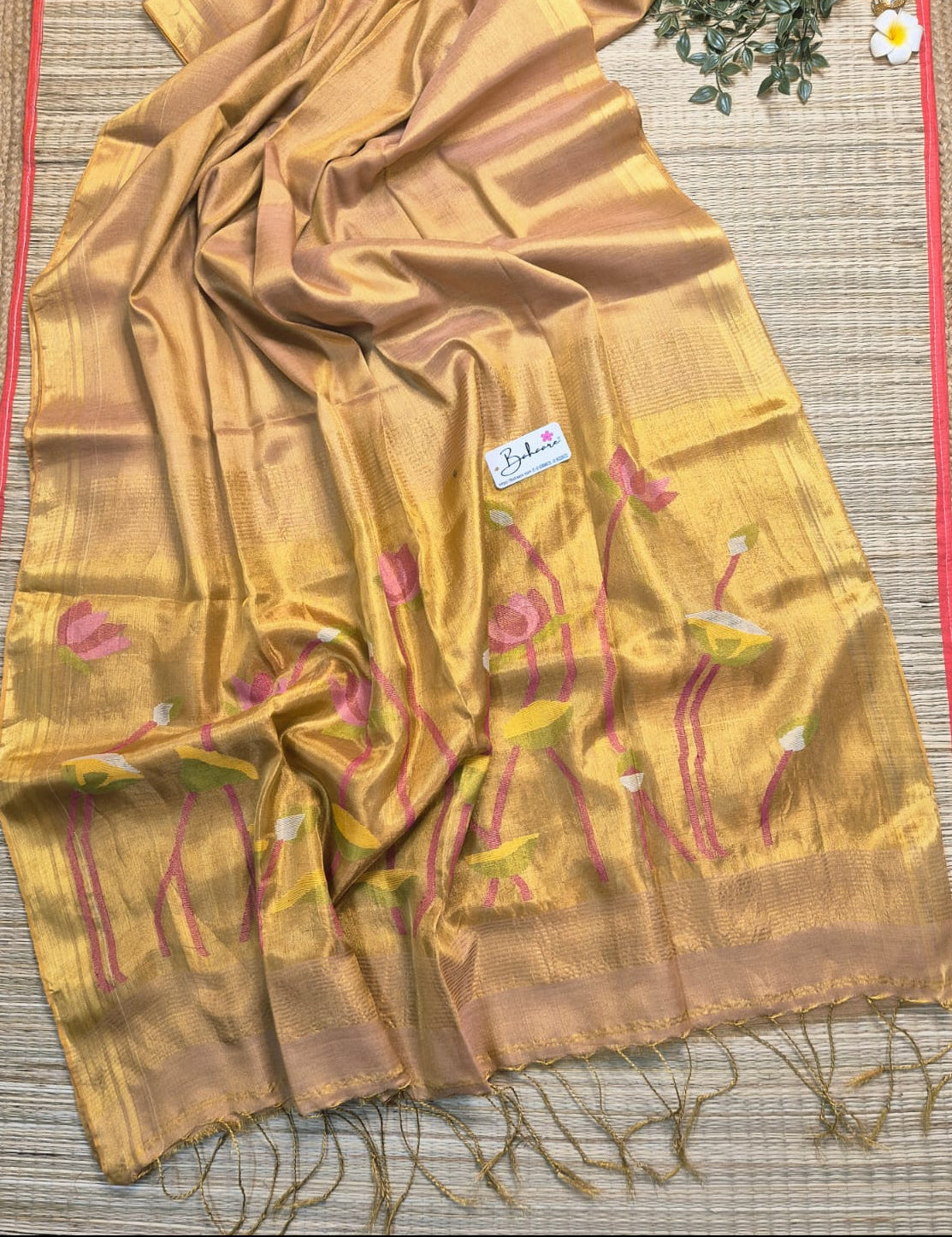 Springtime Serenity | Pastel Rose Gold Tissue Linen Saree with Paithani Motif
