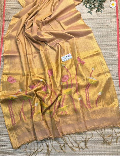Springtime Serenity | Pastel Rose Gold Tissue Linen Saree with Paithani Motif