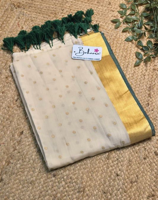 Polka Passion | Handcrafted Beige Mul Mul Cotton Polka Dots Saree with Golgen Zari and Green Border