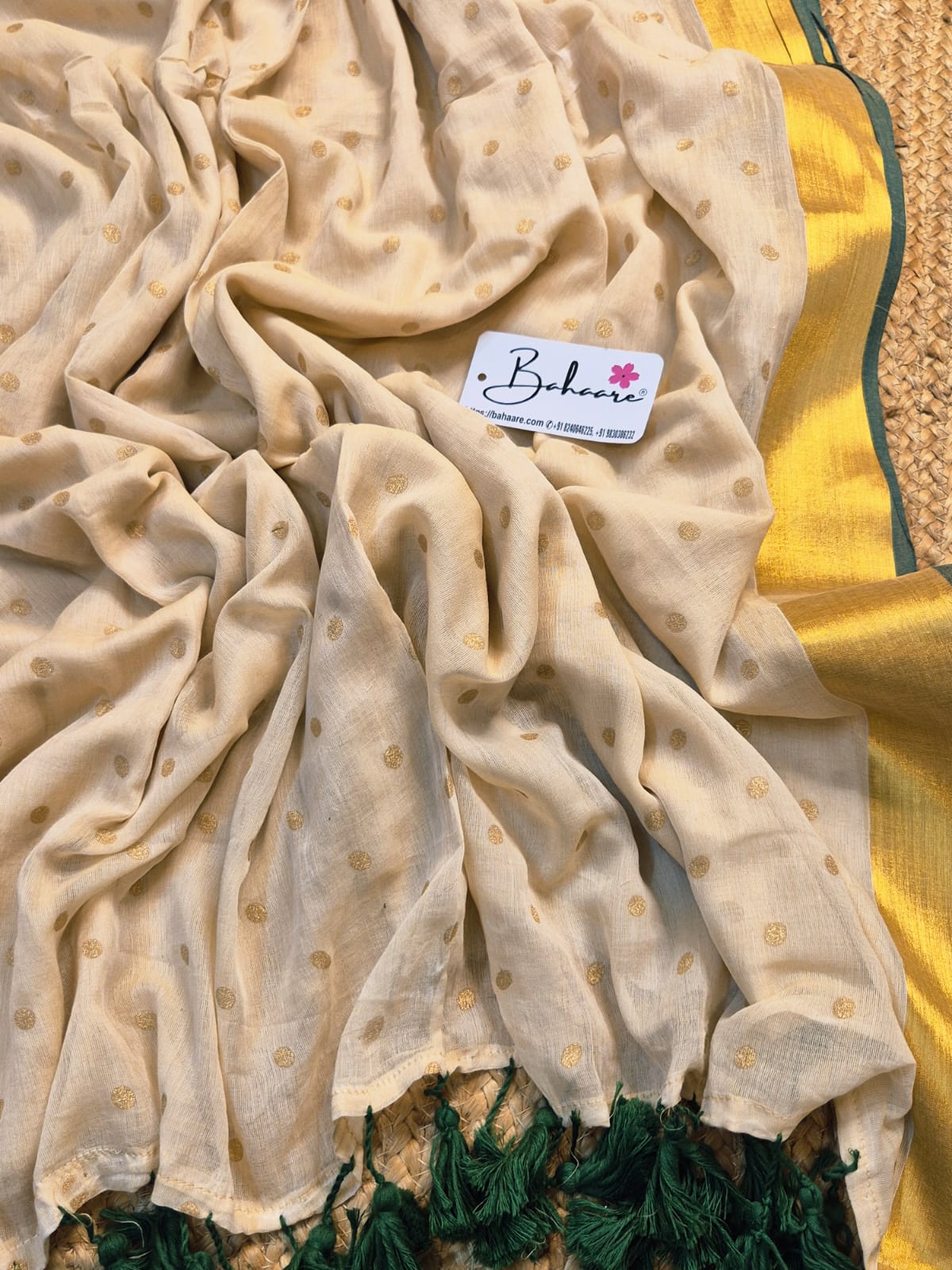 Polka Passion | Handcrafted Beige Mul Mul Cotton Polka Dots Saree with Golgen Zari and Green Border