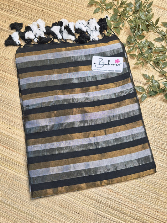 Afreen | Silver, Copper and Black Striped Tissue Silk Saree