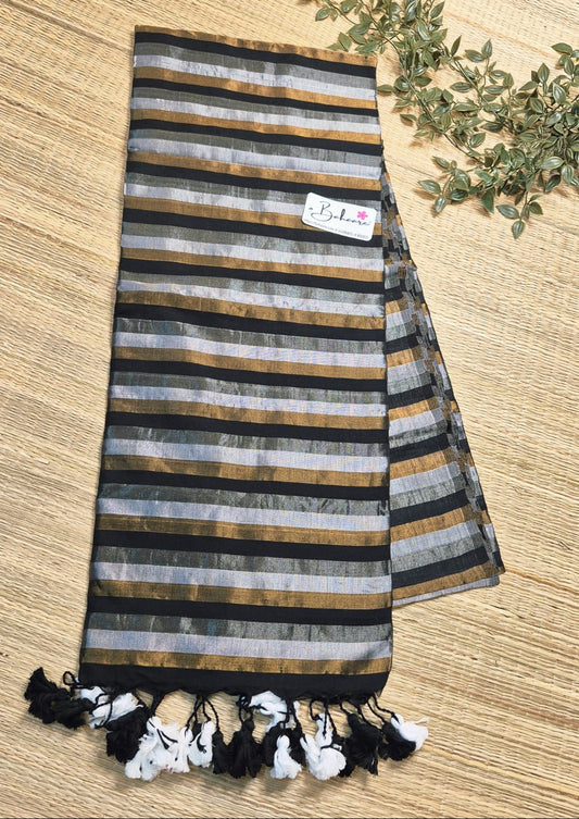 Afreen | Silver, Copper and Black Striped Tissue Silk Saree