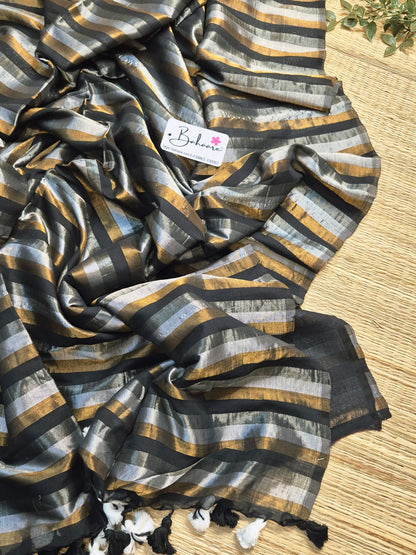 Afreen | Silver, Copper and Black Striped Tissue Silk Saree