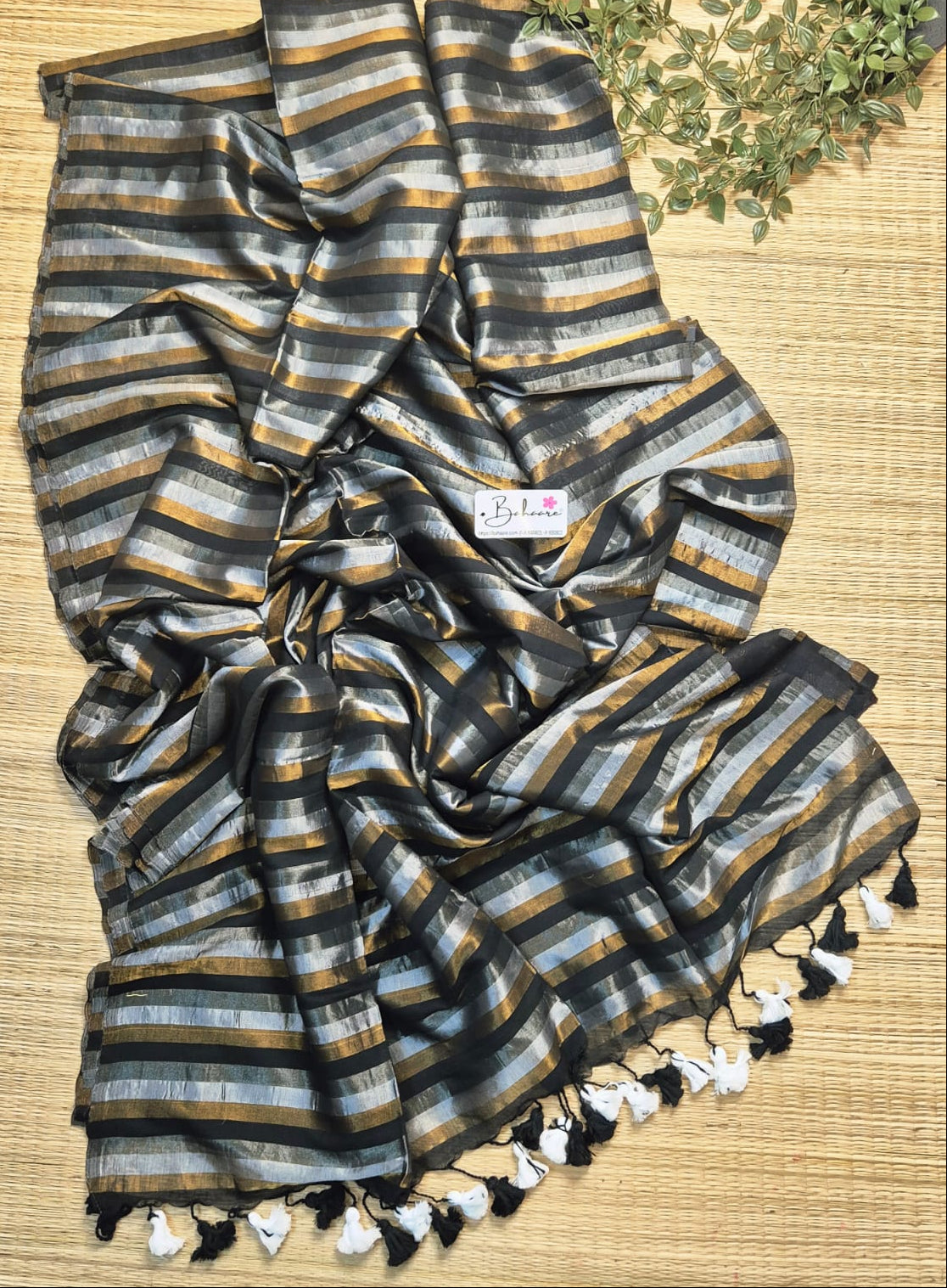 Afreen | Silver, Copper and Black Striped Tissue Silk Saree