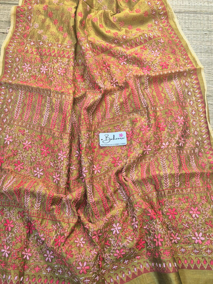 Cotton Galleria | Mustard Yellow Phulkari Hand Embroidery Chanderi Cotton-Silk Saree