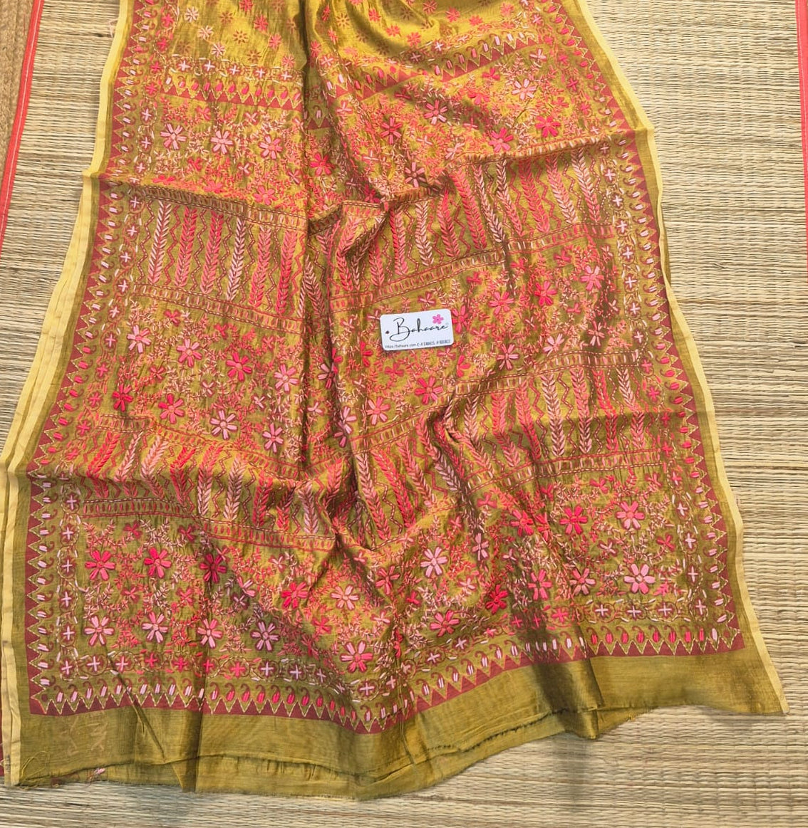 Cotton Galleria | Mustard Yellow Phulkari Hand Embroidery Chanderi Cotton-Silk Saree