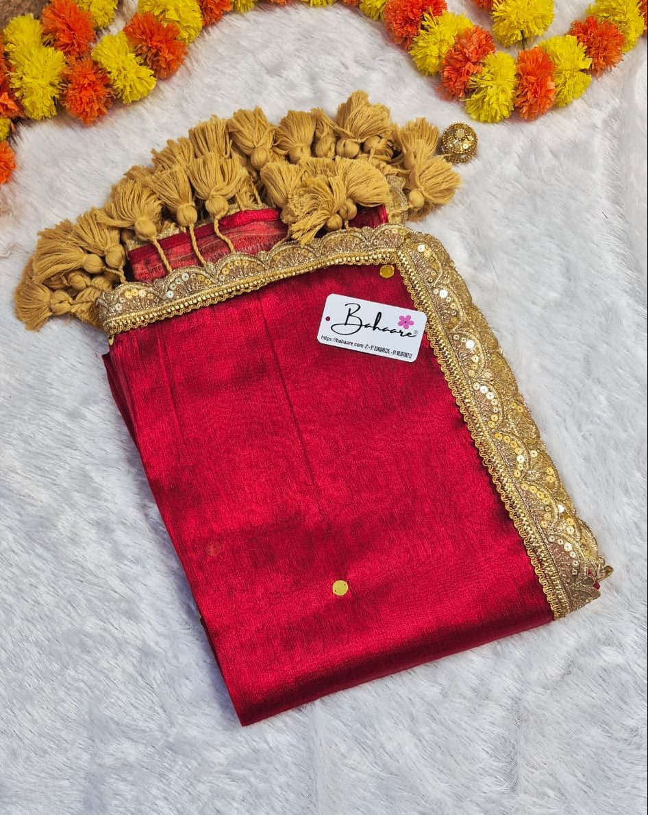 Megha | Bridal Red Tissue Saree with Sequin and Designer Zari Lace