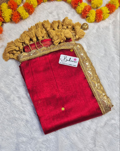 Megha | Bridal Red Tissue Saree with Sequin and Designer Zari Lace