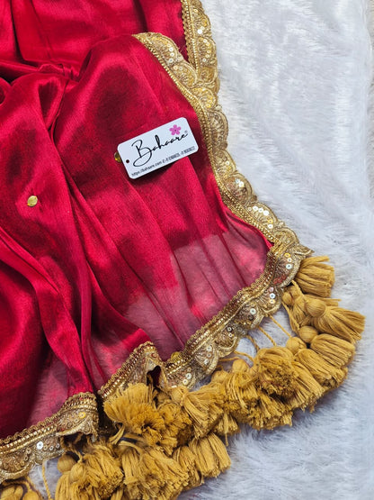 Megha | Bridal Red Tissue Saree with Sequin and Designer Zari Lace