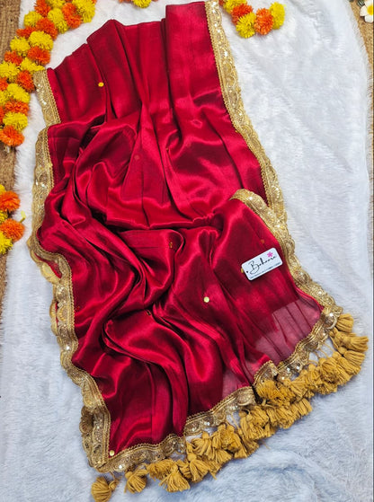 Megha | Bridal Red Tissue Saree with Sequin and Designer Zari Lace