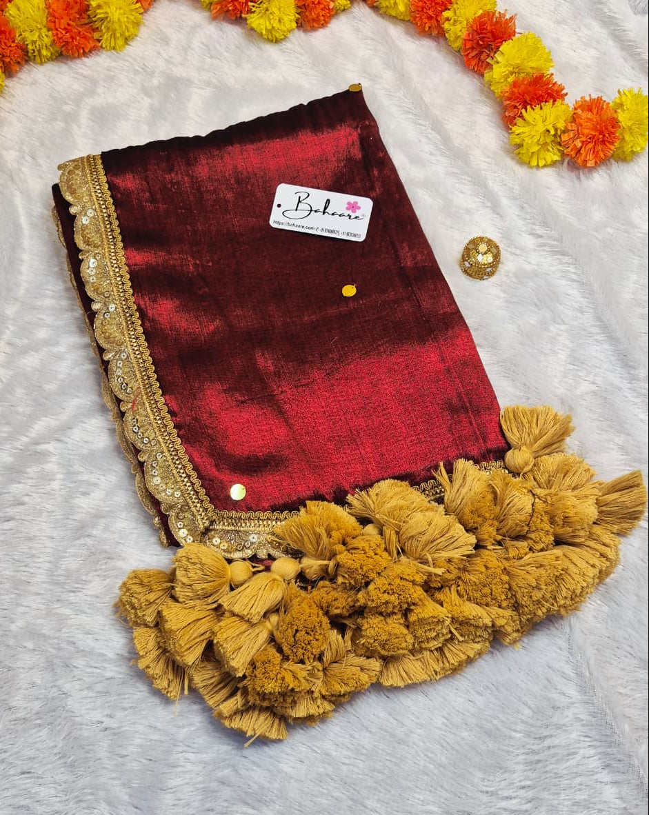 Megha | Maroon Party Wear Tissue Saree with Sequin and Designer Zari Lace