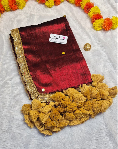 Megha | Maroon Party Wear Tissue Saree with Sequin and Designer Zari Lace