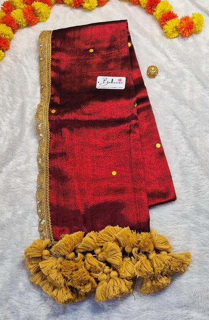 Megha | Maroon Party Wear Tissue Saree with Sequin and Designer Zari Lace