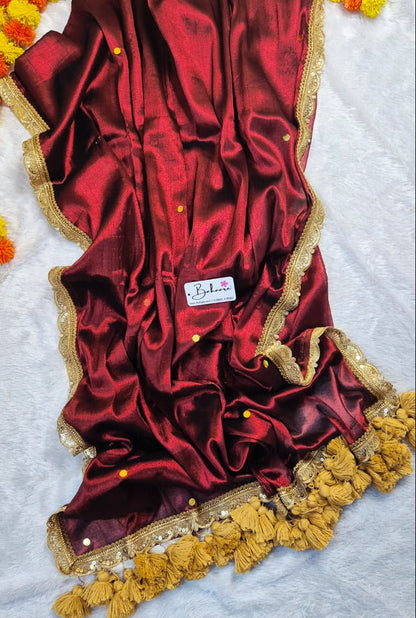 Megha | Maroon Party Wear Tissue Saree with Sequin and Designer Zari Lace