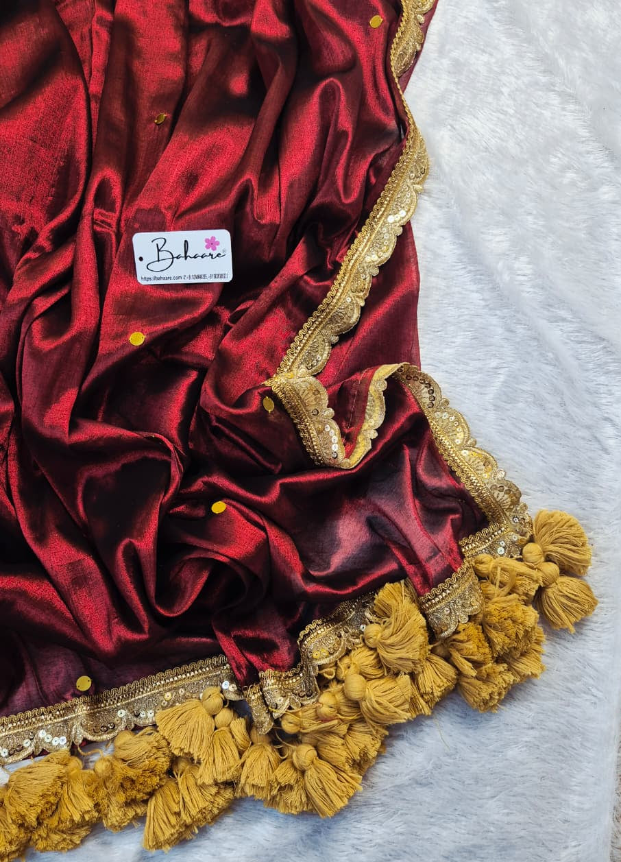 Megha | Maroon Party Wear Tissue Saree with Sequin and Designer Zari Lace