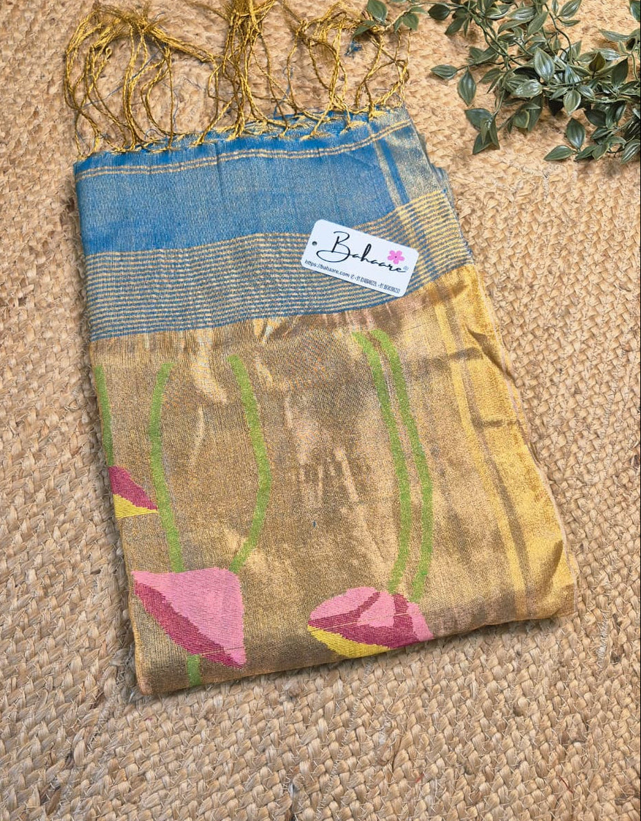Springtime Serenity | Ocean Blue Tissue Linen Saree with Paithani Motif