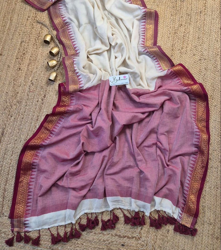Cotton Galleria | Elegant Off White Premium Cotton Saree with Handwoven Maroon Border