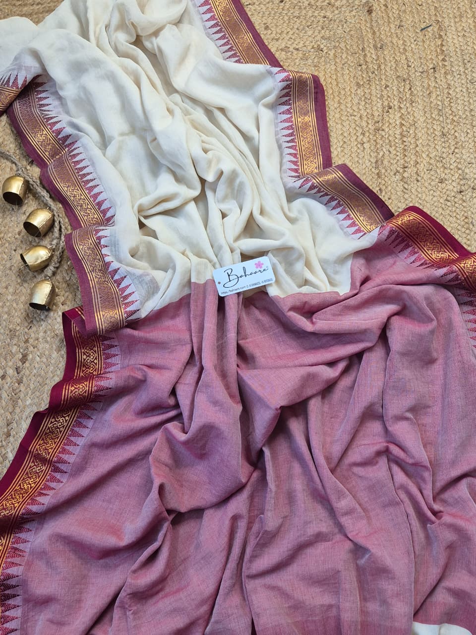 Cotton Galleria | Elegant Off White Premium Cotton Saree with Handwoven Maroon Border