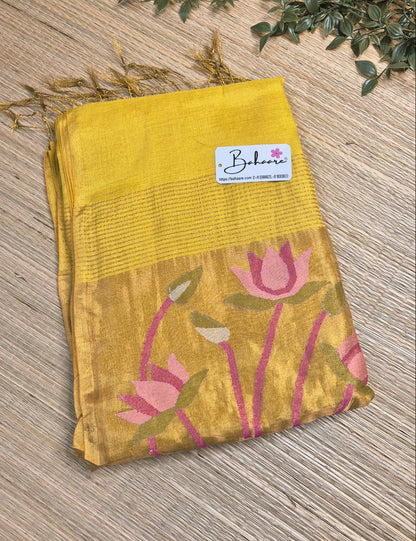 Springtime Serenity | Golden Yellow Tissue Linen Saree with Paithani Motif