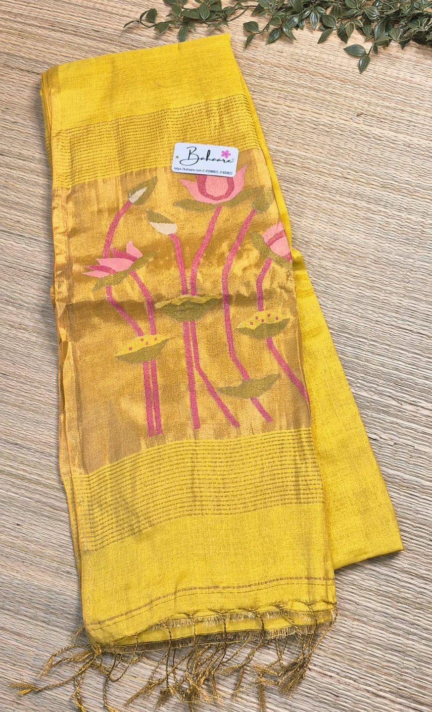 Springtime Serenity | Golden Yellow Tissue Linen Saree with Paithani Motif