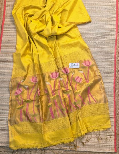 Springtime Serenity | Golden Yellow Tissue Linen Saree with Paithani Motif