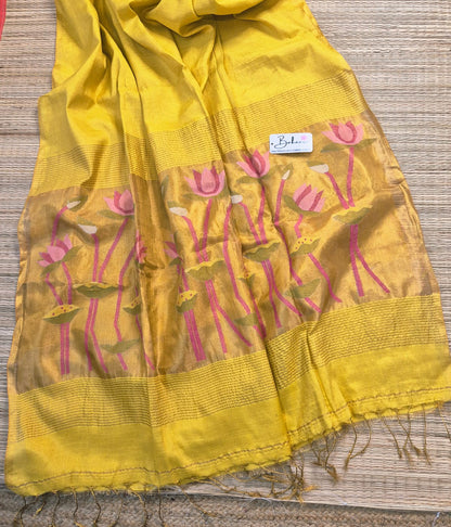 Springtime Serenity | Golden Yellow Tissue Linen Saree with Paithani Motif