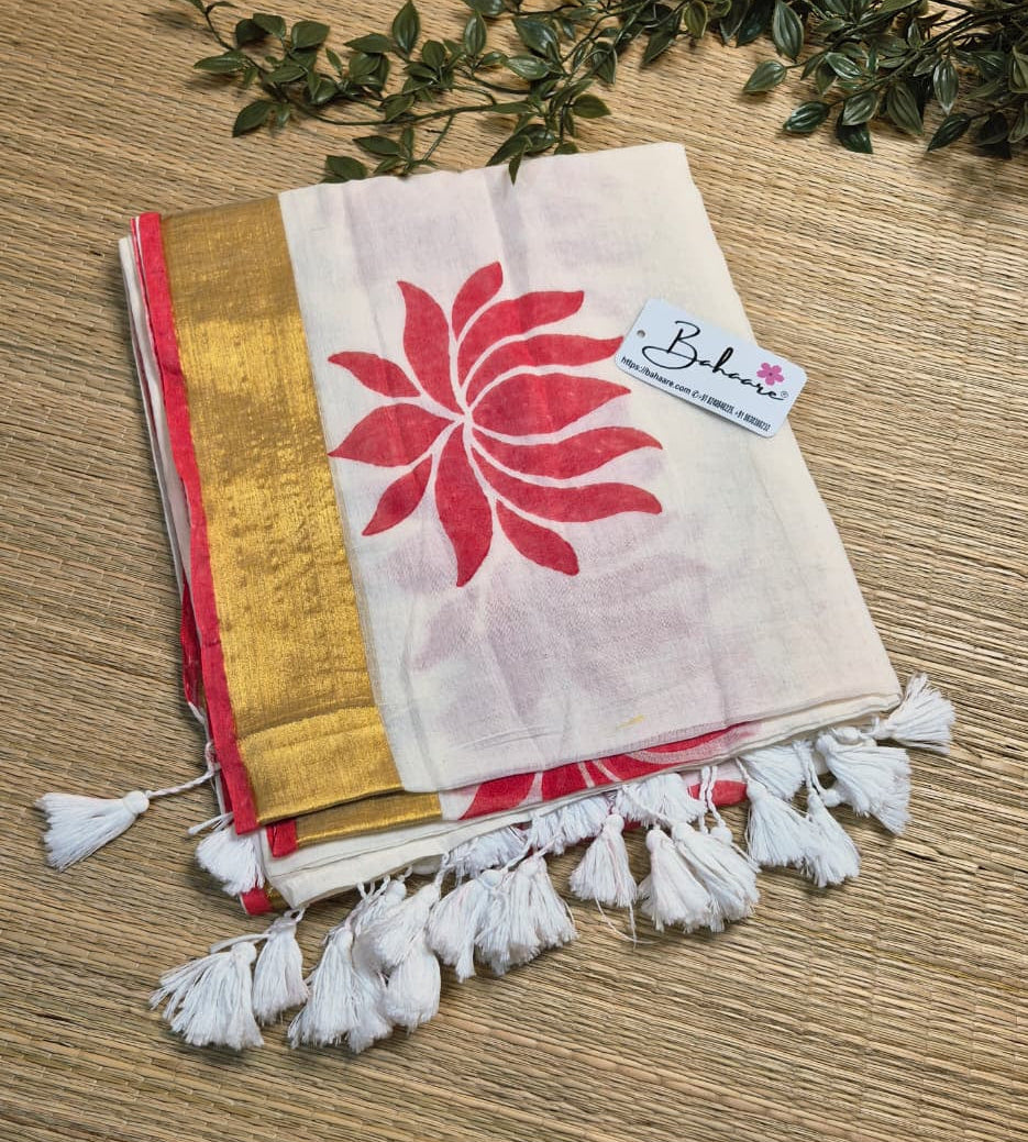 Noor | Cream Beige Mul Mul Cotton Saree with Red Lotus Motif