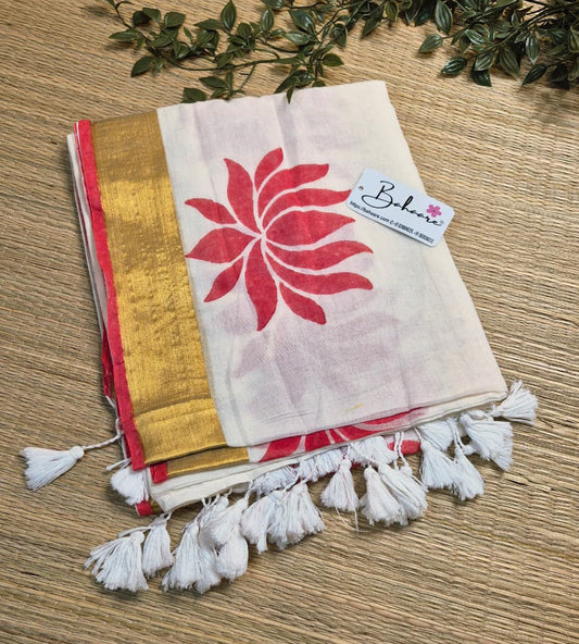 Noor | Cream Beige Mul Mul Cotton Saree with Red Lotus Motif