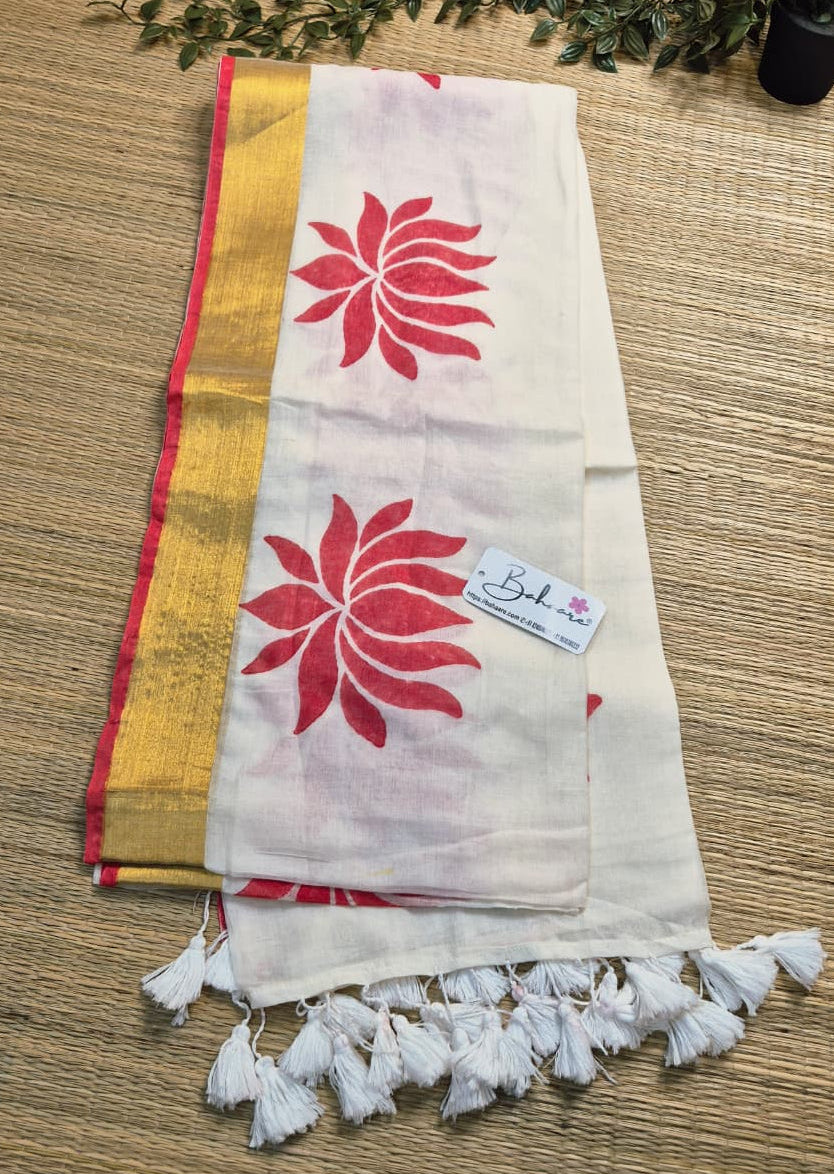 Noor | Cream Beige Mul Mul Cotton Saree with Red Lotus Motif