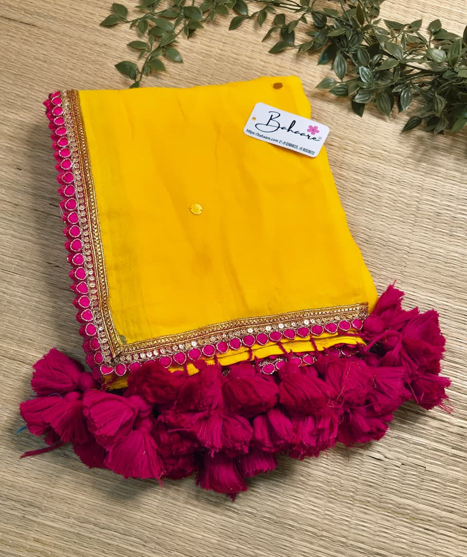 Shimmering Starlight | Golden Yellow Mul Mul Cotton Saree with Designer Embroidery Lace