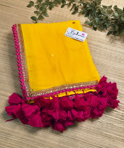 Shimmering Starlight | Golden Yellow Mul Mul Cotton Saree with Designer Embroidery Lace