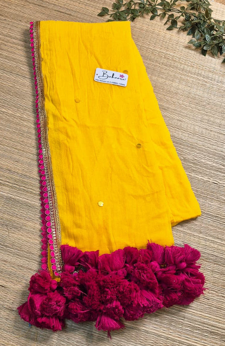 Shimmering Starlight | Golden Yellow Mul Mul Cotton Saree with Designer Embroidery Lace