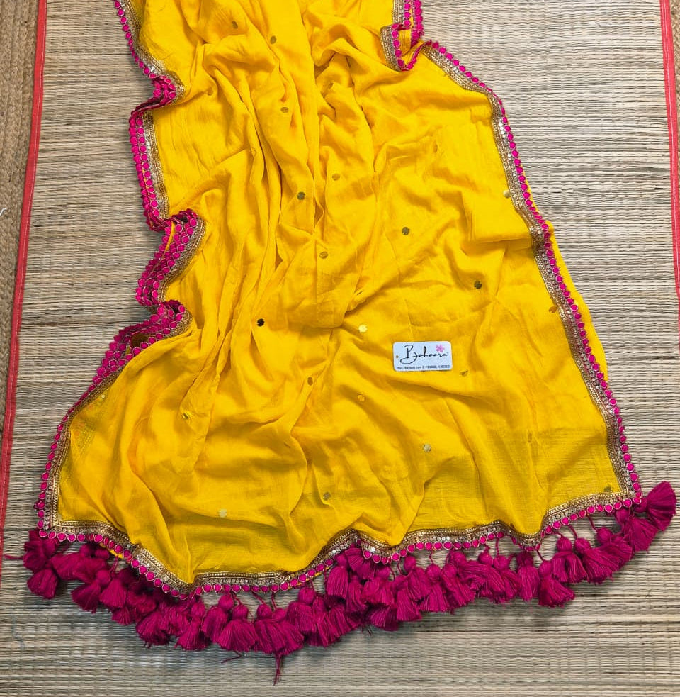 Shimmering Starlight | Golden Yellow Mul Mul Cotton Saree with Designer Embroidery Lace