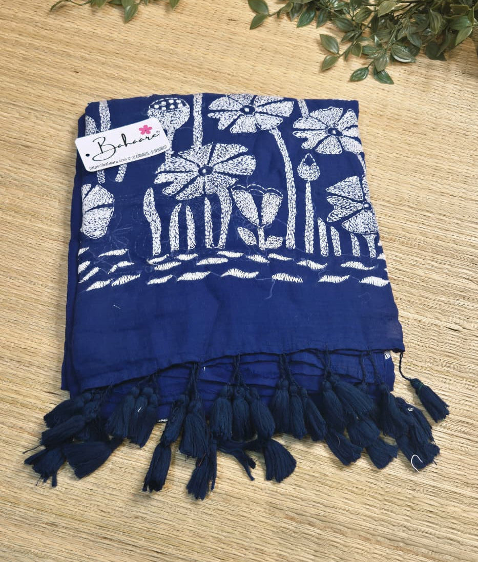 Mohini | Blue Mul Mul Cotton Saree with Kantha Hand Embroidery