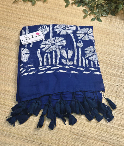 Mohini | Blue Mul Mul Cotton Saree with Kantha Hand Embroidery