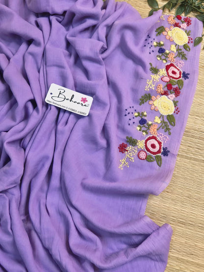 Mohini | Lavender Dream Mul Mul Cotton Saree with Handcrafted Bullion Stich on Front Top Part