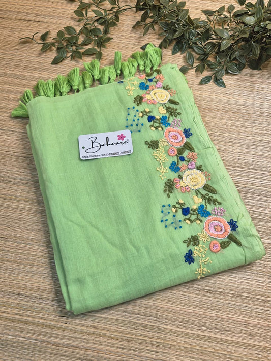Mohini | Mint Blossom Mul Mul Cotton Saree with Handcrafted Bullion Stich on Front Top Part