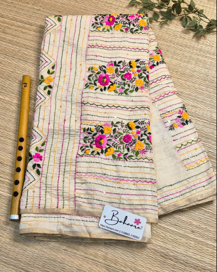 Utsav | Pearl Beige Chanderi Silk Saree with Handcrafted Bullion Stich