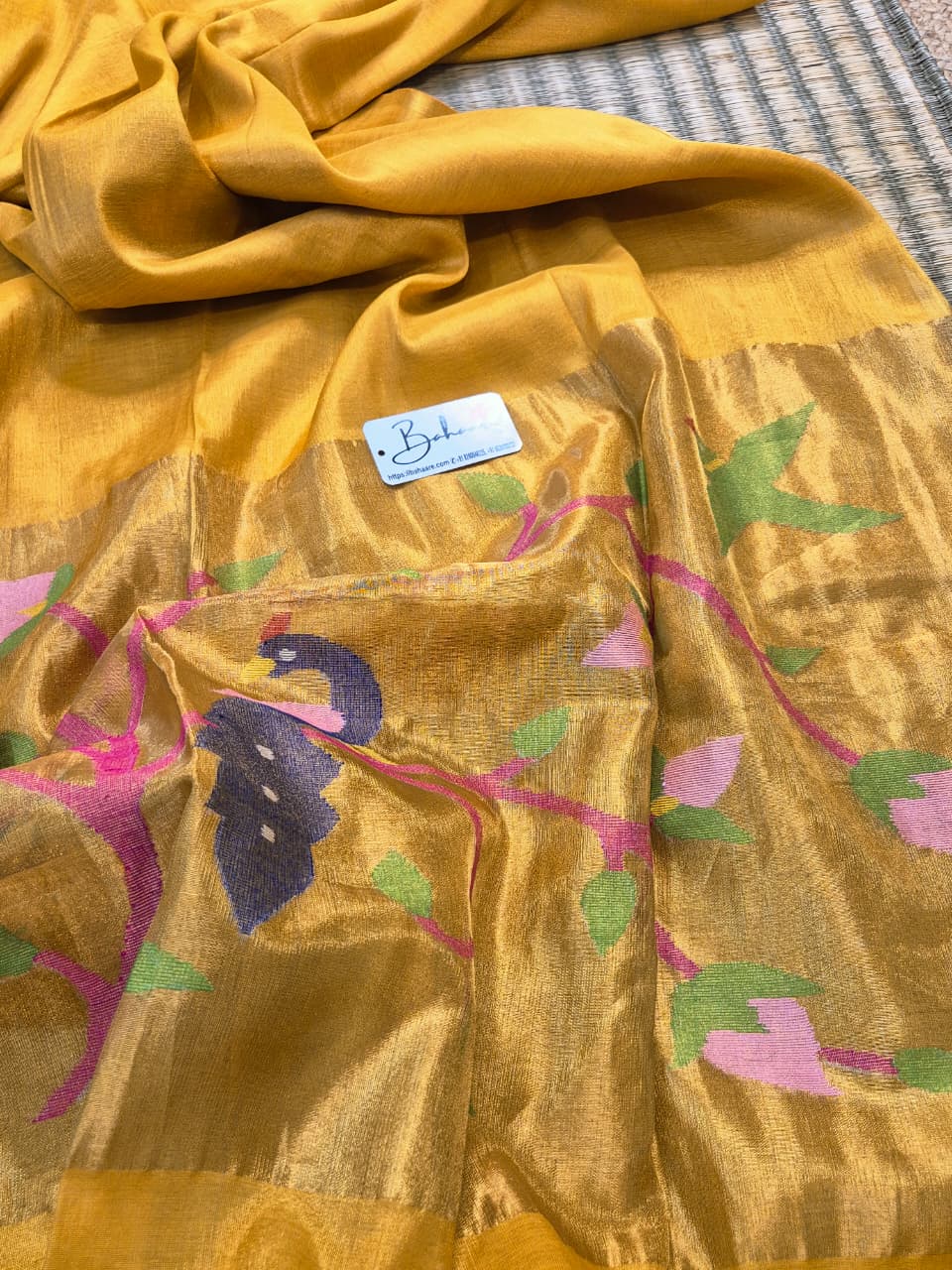 Springtime Serenity | Liquid Gold Tissue Linen Saree with Paithani Motif