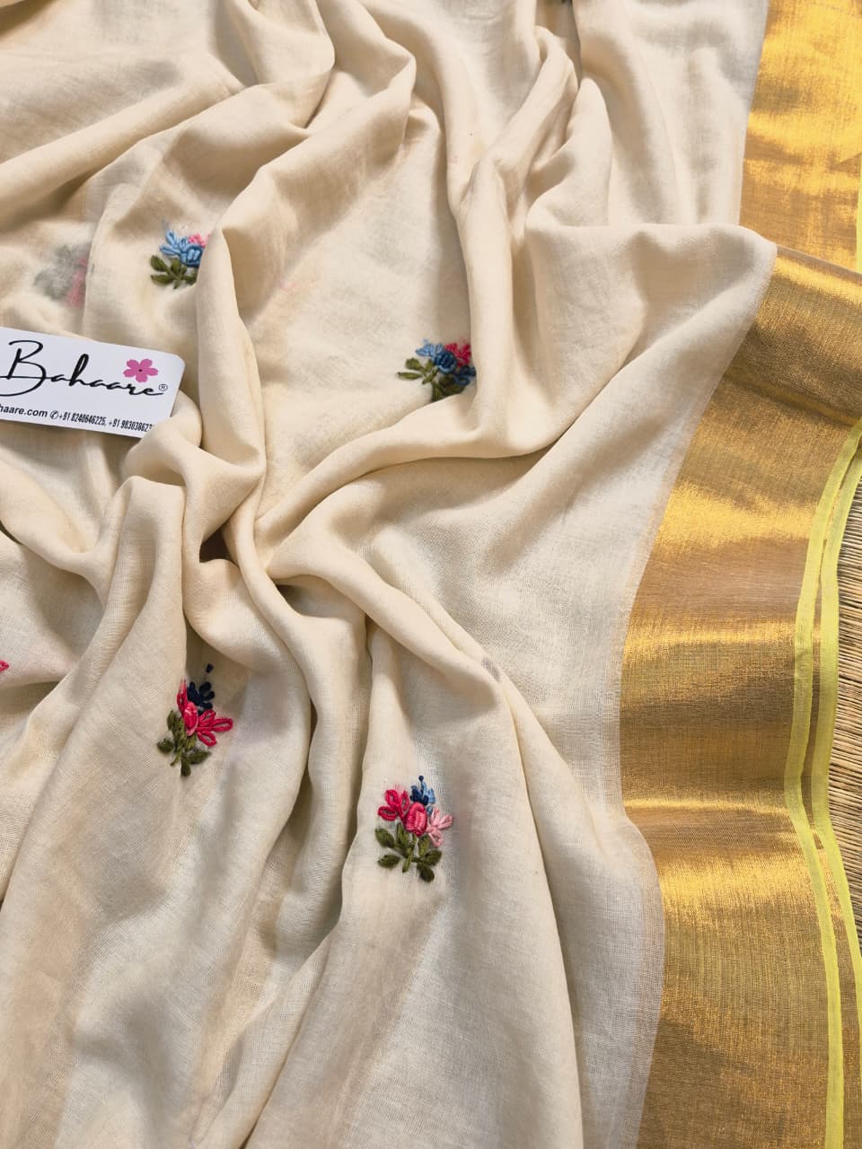 Noor | Creamy Off White Mul Mul Cotton Saree with Bullion Hand Embroidery and Zari Border