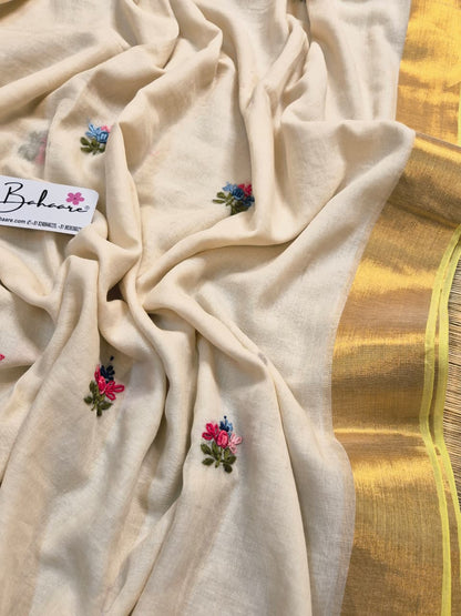 Noor | Creamy Off White Mul Mul Cotton Saree with Bullion Hand Embroidery and Zari Border