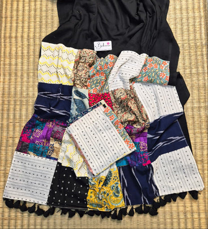 Cotton Galleria | Elegant Black Cotton Saree with Multicoloured Patchwork Pallu