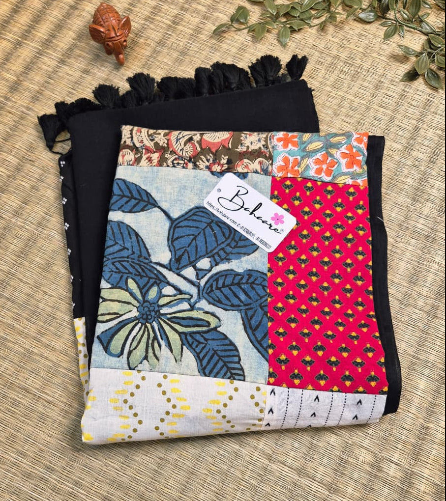 Cotton Galleria | Elegant Black Cotton Saree with Multicoloured Patchwork Pallu