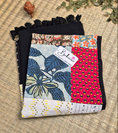 Cotton Galleria | Elegant Black Cotton Saree with Multicoloured Patchwork Pallu