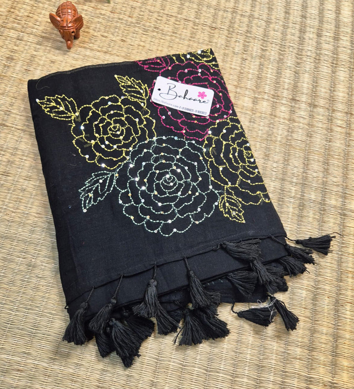 Mohini | Black Mul Mul Cotton Saree with Kantha Hand Embroidery