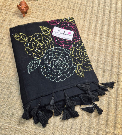 Mohini | Black Mul Mul Cotton Saree with Kantha Hand Embroidery