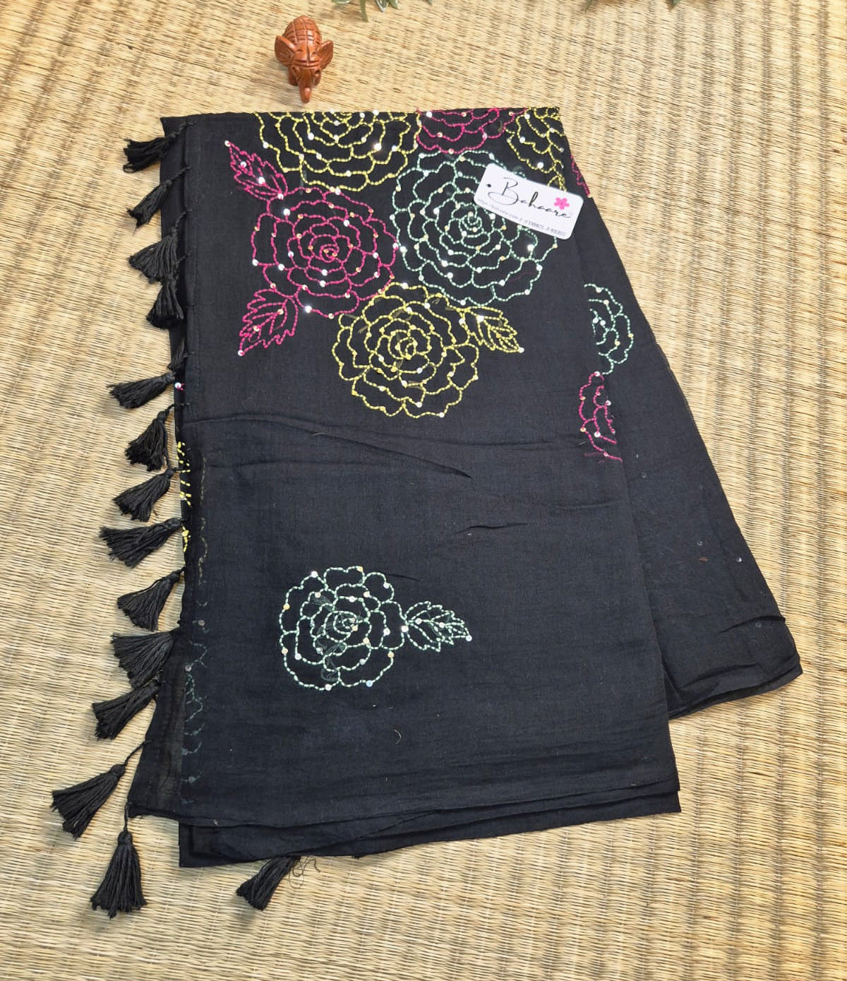 Mohini | Black Mul Mul Cotton Saree with Kantha Hand Embroidery