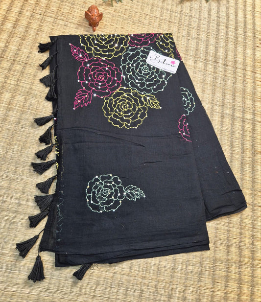 Mohini | Black Mul Mul Cotton Saree with Kantha Hand Embroidery