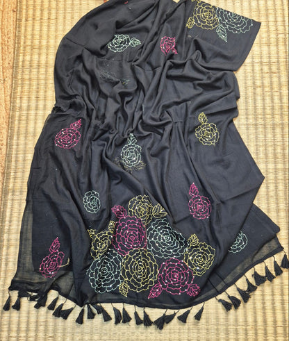 Mohini | Black Mul Mul Cotton Saree with Kantha Hand Embroidery