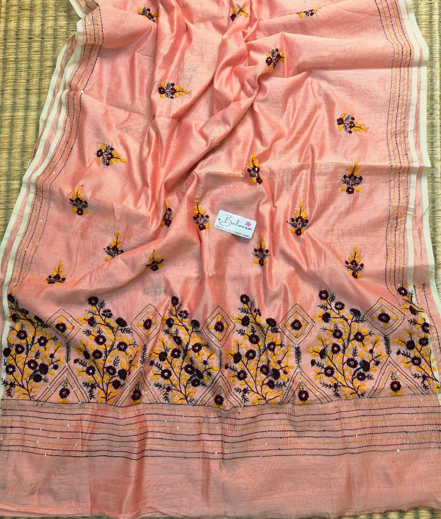 Cotton Galleria | Rosy Peach Phulkari Hand Embroidery Chanderi Cotton-Silk Saree